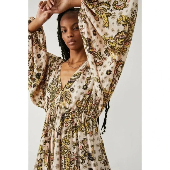 New Free People Arzel Mini Dress Long Sleeve Printed Tunic in Tea Combo XS - Picture 3 of 16